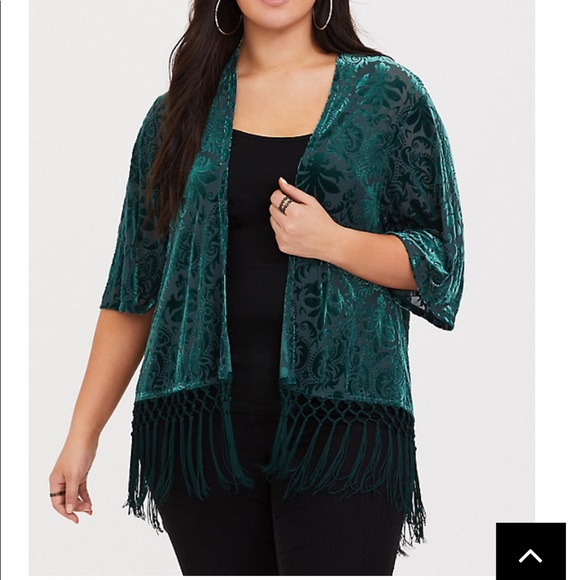 torrid Sweaters - Green velvet fringe kimono